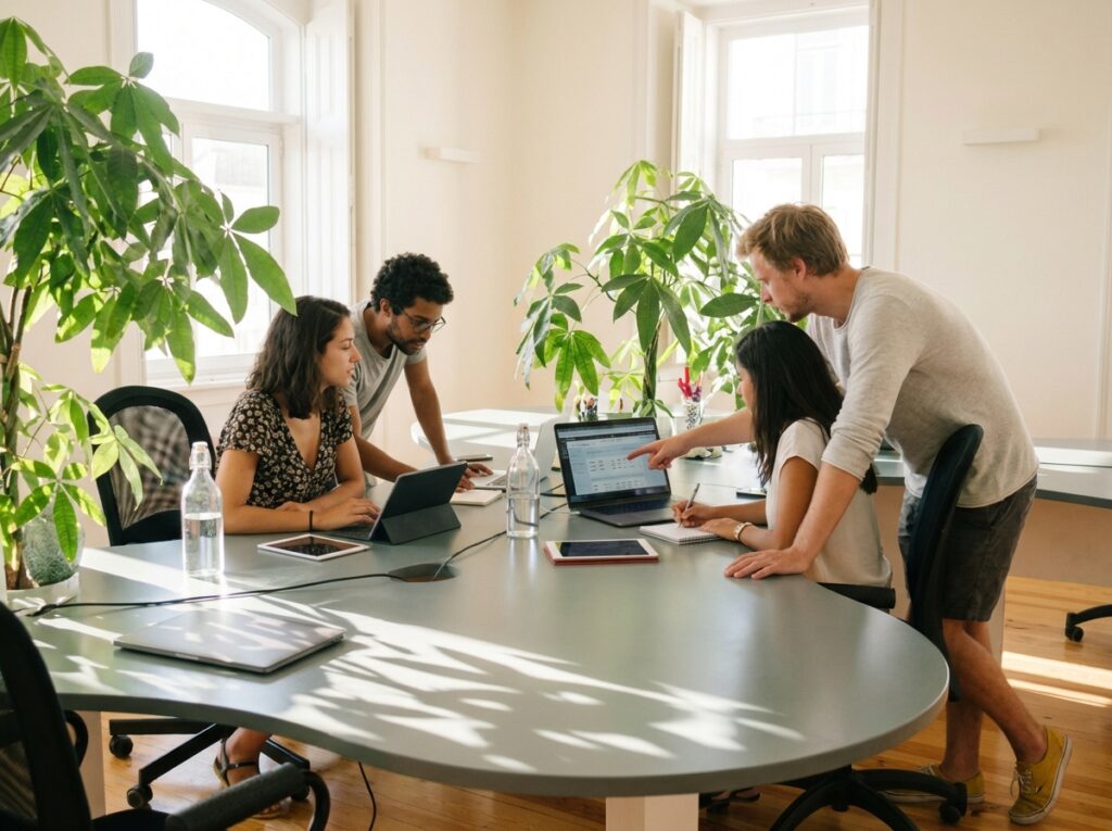 Staff around a desk looking at a laptop, working.