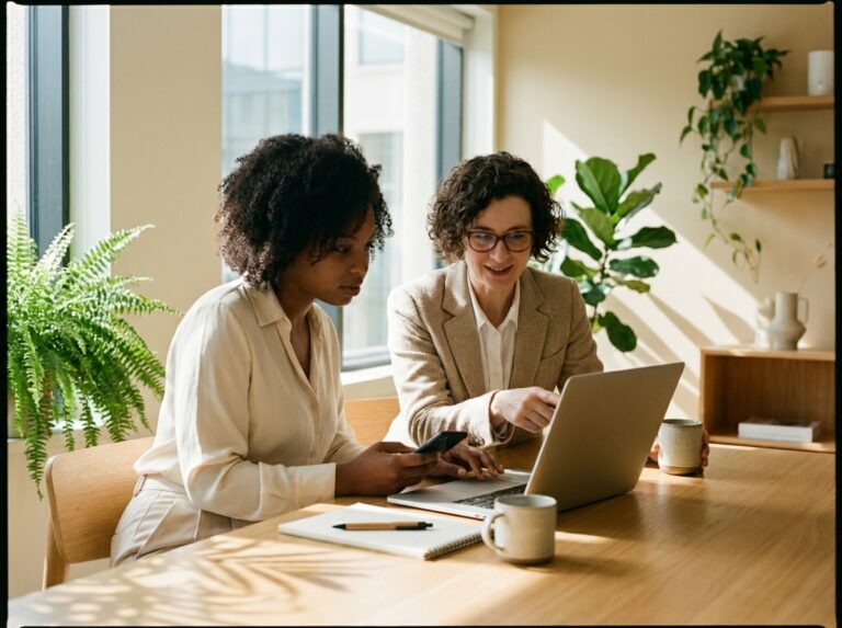 Two women at a desk looking at a laptop