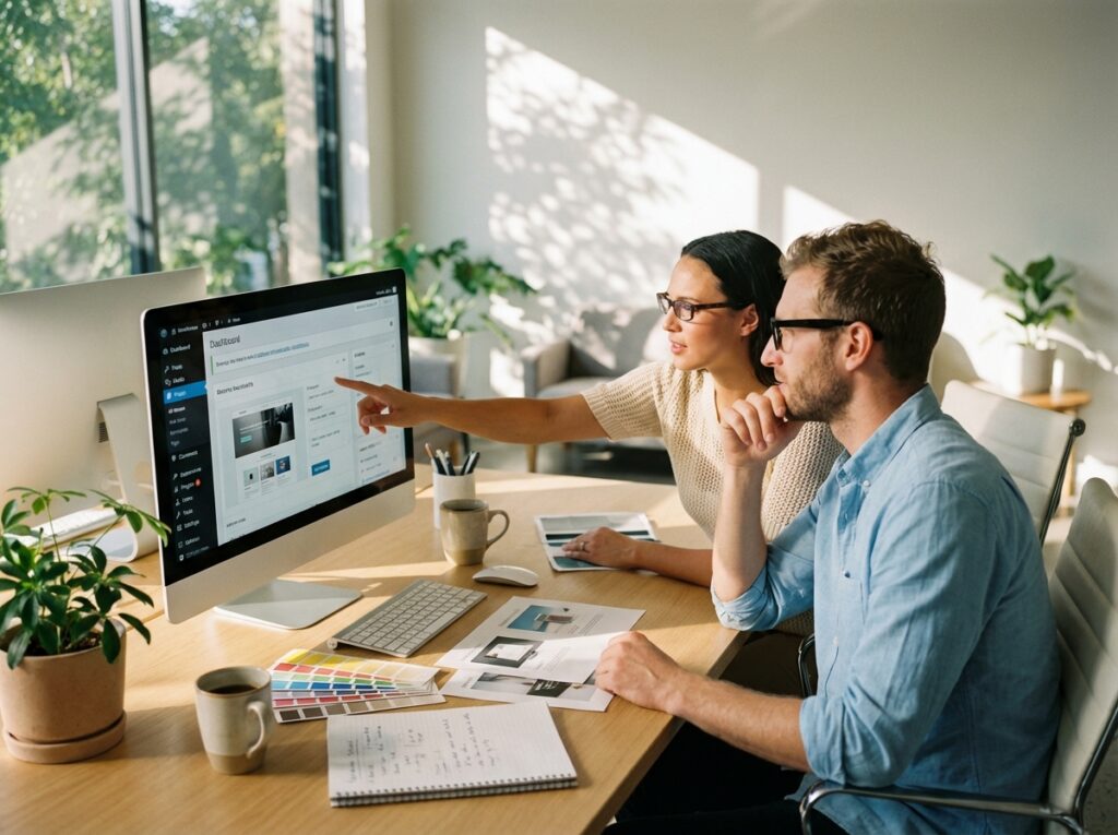 Two people working at a desk pointing to the screen