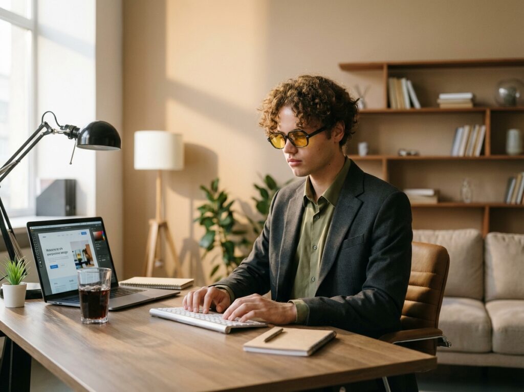 Professional working on a laptop in a modern home office