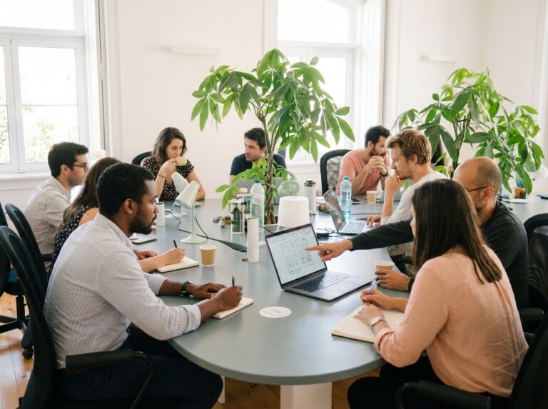 Team discussing a website project around a large table in a bright office