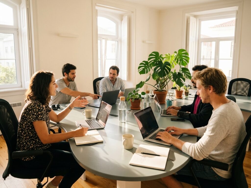 Small business team working together around a meeting table with laptops