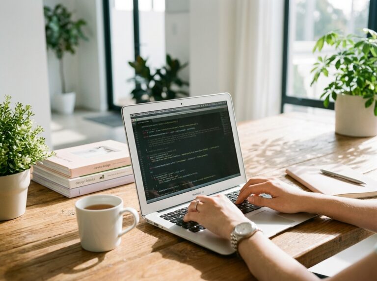 Person working on a laptop at a bright desk with plants