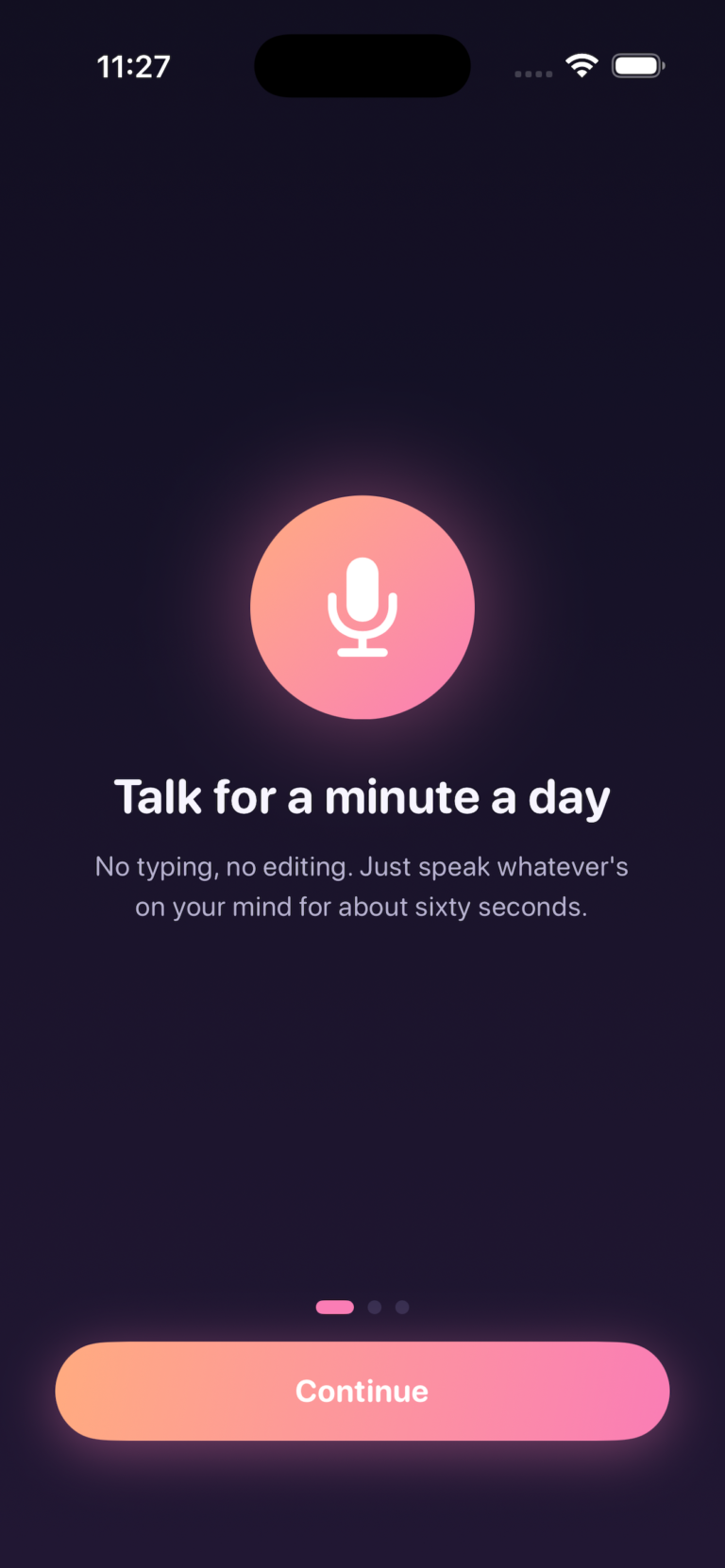 Echo Journal app welcome screen: Talk for a minute a day